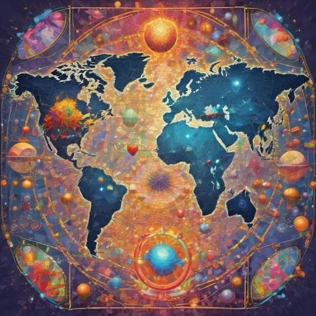 An illustration of various international markets represented by interconnected pieces in a mosaic, protected by a network of quantum option contracts
