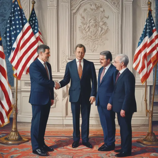 A European investor and U.S. counterparty shaking hands over a table displaying financial instruments, symbolizing a quanto swap agreement to protect against currency risks