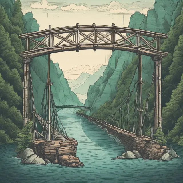 An image of a bridge symbolizing the connection between two currencies, with quanto options (call and put) flowing under it, illustrating risk management in international investment.