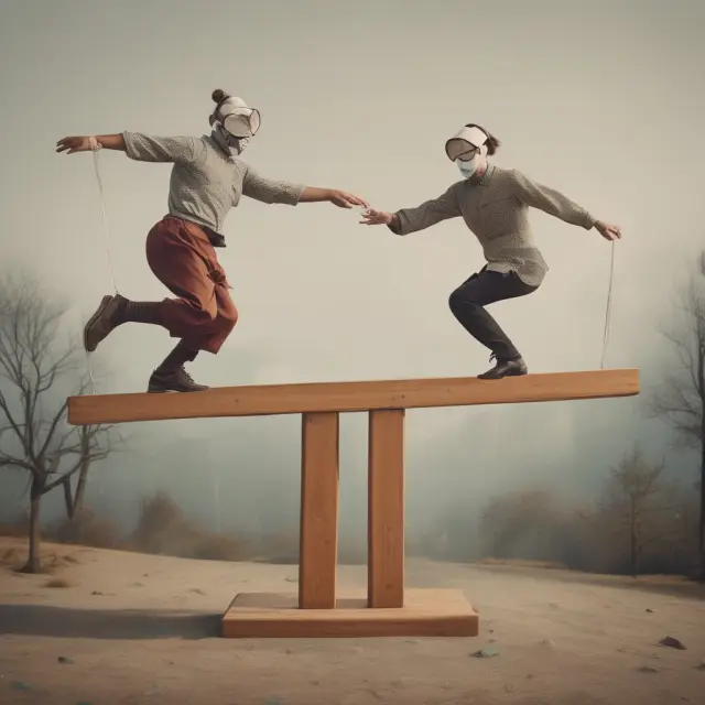 Two dancers on a see-saw: one shielding from exchange rate risks with cross currency swap mask, while the other invites interest rate risks with quanto swap mask