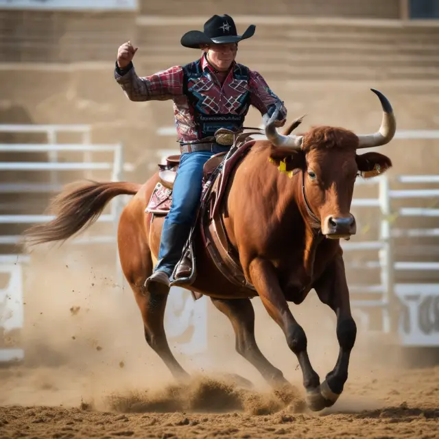 A bull rider, representing quanto risk, navigates exchange rate waves using forwards as a shield to mitigate risks