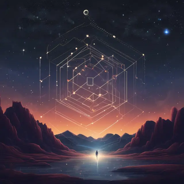 Image of a night sky filled with glowing qubits representing significant milestones in the history of quantum computing