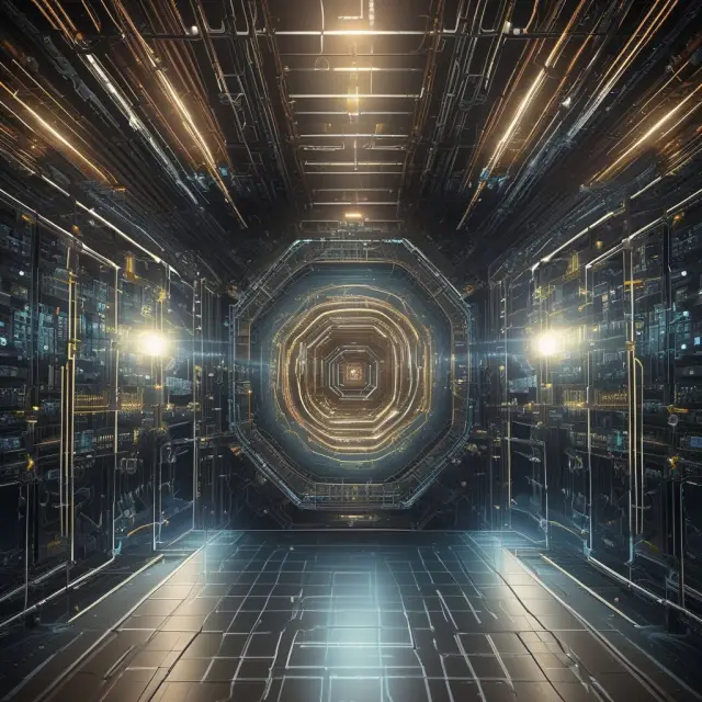 A quantum computer orbits through a multicolored landscape representing finance, healthcare, security, and aerospace, leaving ripples of innovation in each sector