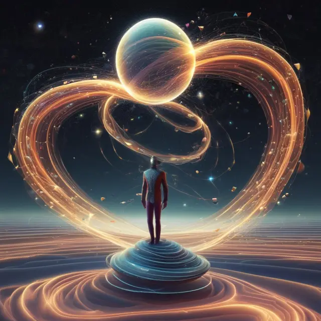 An enchanting scene of quantum bits moving harmoniously, symbolizing superposition and entangled qubits