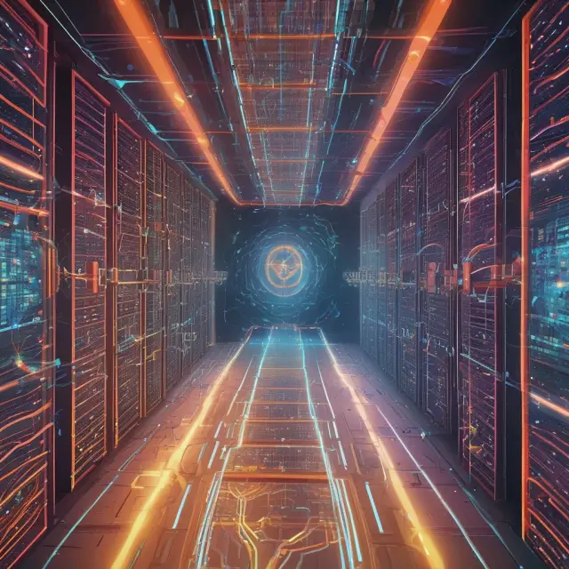 An image of a quantum gateway, with qubits in the shape of interconnected keys and superpositions represented by colorful waves.