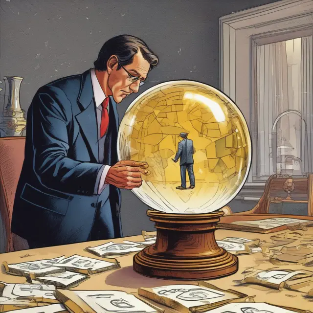 Investor analyzing Q/Q growth with crystal ball, revealing golden bars symbolizing successful investments