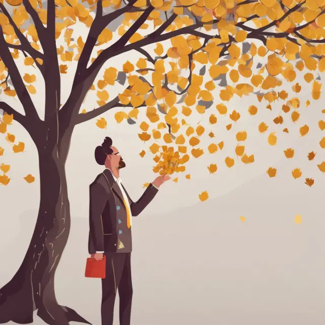 Investor holding dividend-paying stocks as autumn leaves representing quarters fall from a golden tree, emphasizing consistent quarterly payments