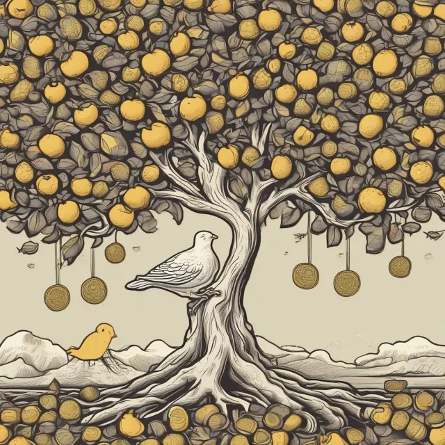 Apple tree with revenue growth gold coins and EPS golden eggs