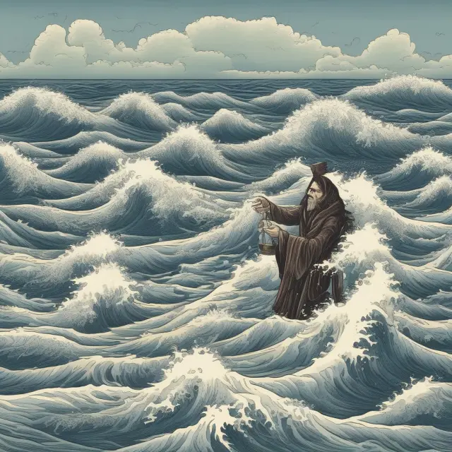 An artist interprets investor reactions to quarterly revenue growth as waves on a sea, illustrating market turbulence