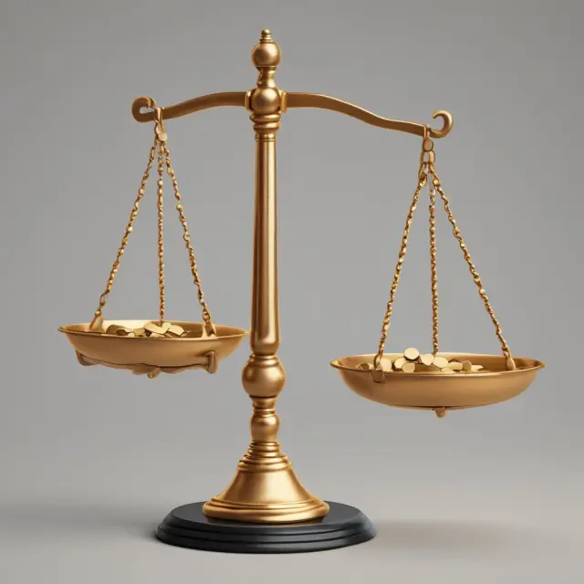 Courtroom scale with gold coins for unjust enrichment and empty pan, signifying the legal principle of a quasi contract.