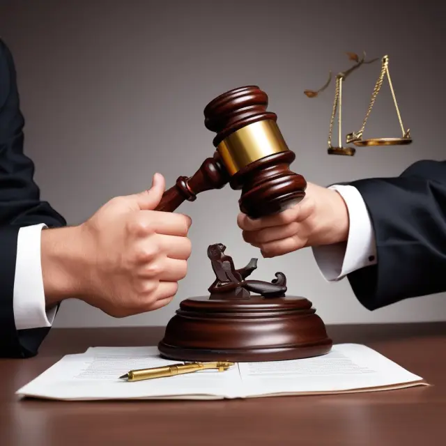 Judge imposes a quasi contract on intertwined hands, representing legal principle of preventing unjust enrichment.