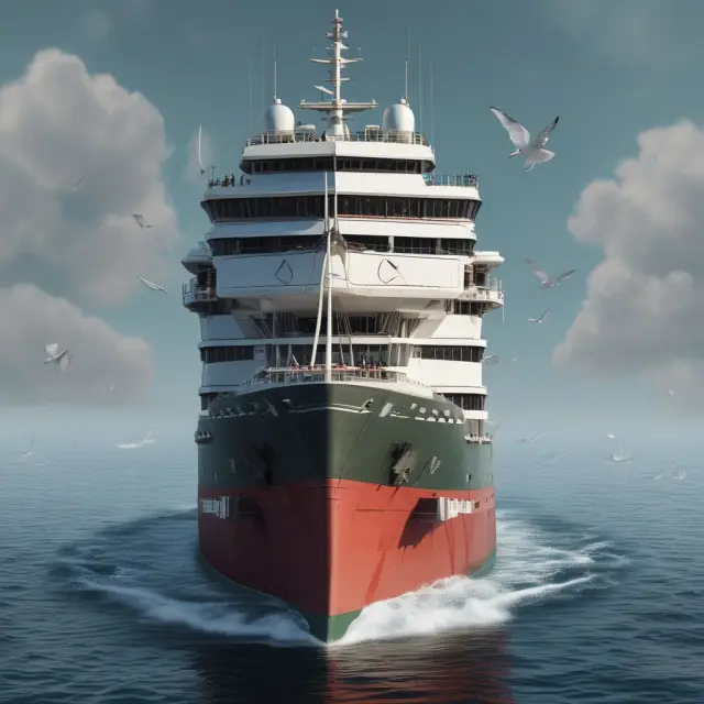 A ship with a public service flag and private enterprise sails through calm waters, symbolizing a quasi-public corporation balancing its dual missions.