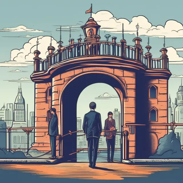 A sturdy bridge symbolizes the balance between government and business as two figures, one representing the govt and another business, engage in a handshake