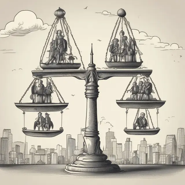 Image of individuals balancing scales representing public interest and personal gains, surrounded by representations of quasi-public corporations.