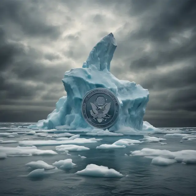 Government seal atop an iceberg in stormy waters, symbolizing public misconceptions and risks for investors in quasi-public corporations