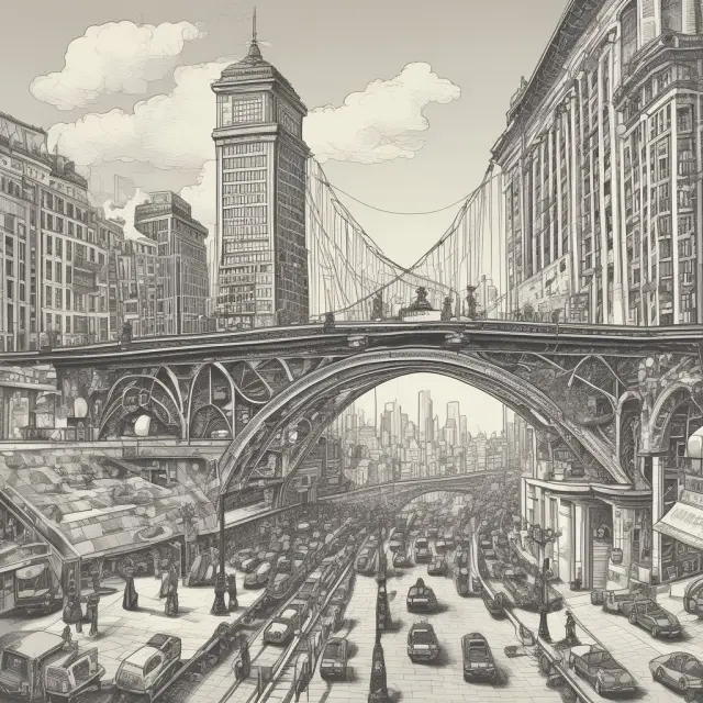 A bridge connecting two towers symbolizing innovation and public services, with a quasi-public corporation sailing between them