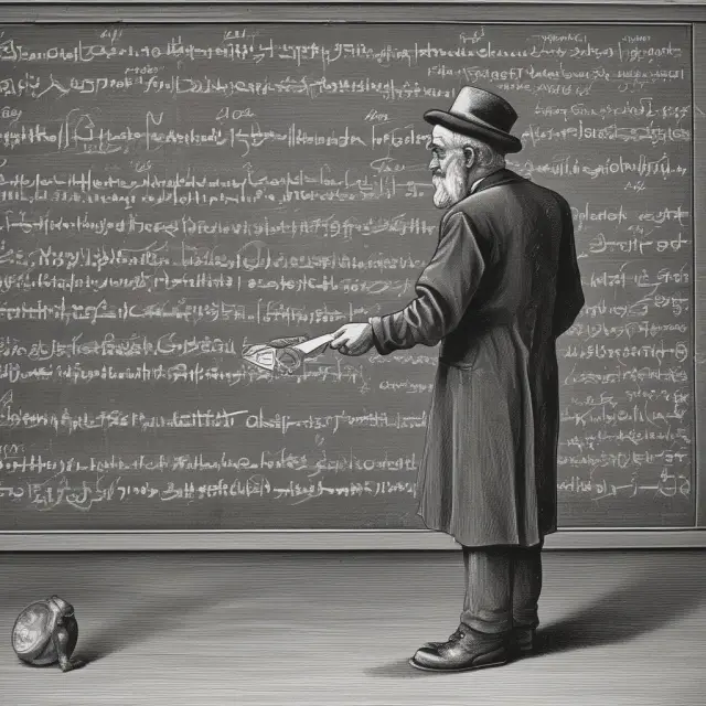 Mathematician Agner Krarup Erlang, drawing queuing theory equations on a chalkboard while waiting entities form lines below