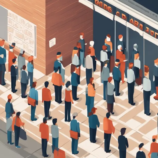 An image of a colorful queue with customers represented as blue dots and staff members in red, showcasing the optimization of staffing and wait times.