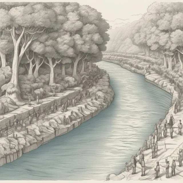 A visual metaphor of queuing theory - waiting lines becoming fluid rivers, representing the efficient flow of resources and customers through a system