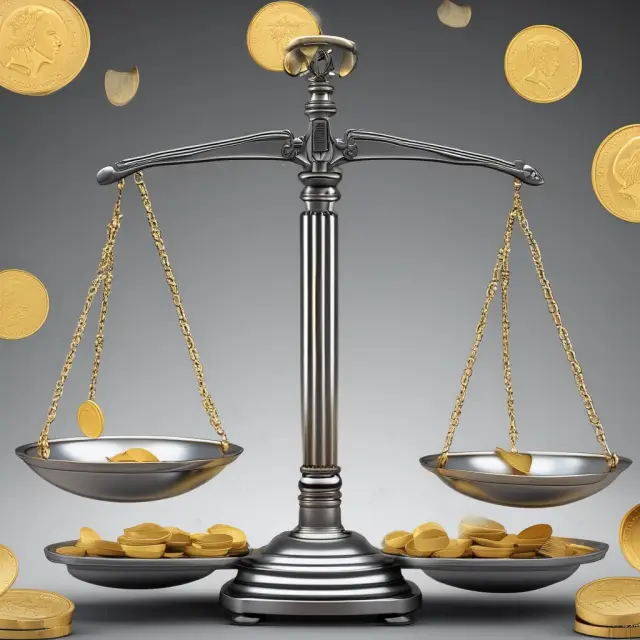 Gold and silver coins on a balance scale illustrate quick liquidity ratio (gold) vs. current ratio (gold+silver) differences in assessing insurance companies