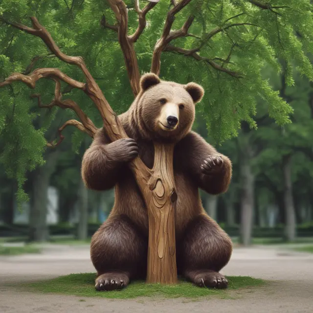 Bear clutching a tall, sturdy tree with a sign reading 