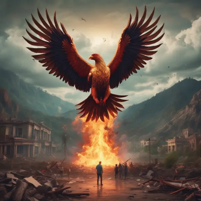 A mythical insurance phoenix arises amidst chaotic natural disaster destruction, emphasizing financial strength and quick liquidity