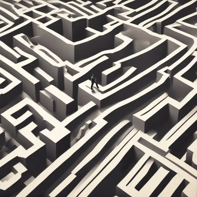 Insurance insignia in a labyrinthine maze, surrounded by assets, liabilities, and a glowing quick liquidity ratio compass