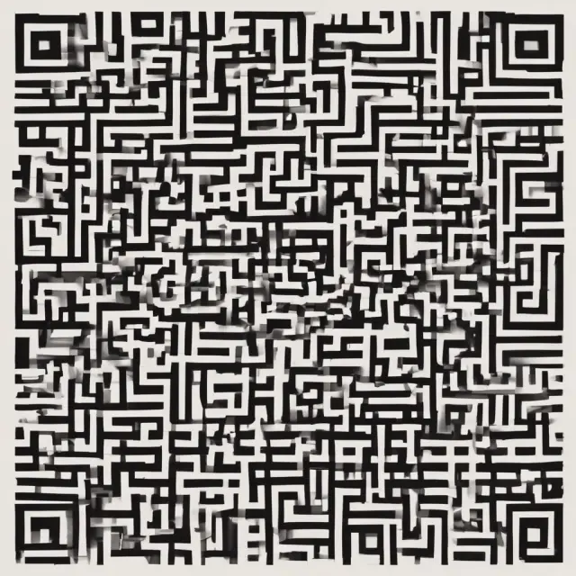 An intricate QR code maze on a white background is decoded by a magnifying glass and digital device, symbolizing the transformation of encoded data into actionable information.