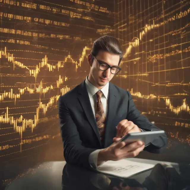 An institutional investor using a smartphone to scan a QR code overlaying a golden stock market graph, showcasing data security and real-time insights