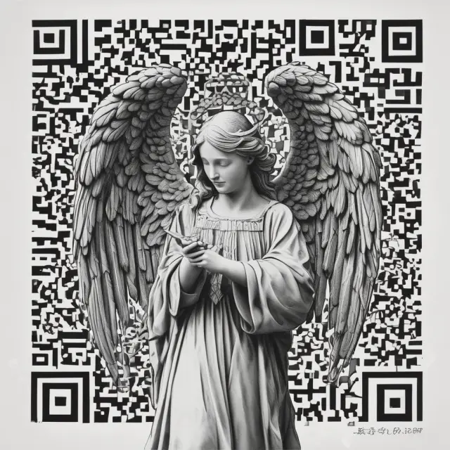 A guardian angel examines a QR code with magnifying glass, ensuring data security and privacy.