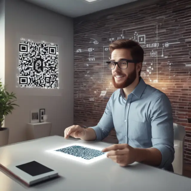 An advanced QR code morphing in an augmented reality environment, symbolizing future advancements.