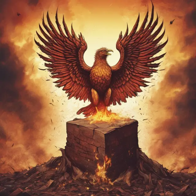 A mythical phoenix rising above a cityscape, representing the faster, controlled bankruptcy process helping distressed companies reorganize and thrive.