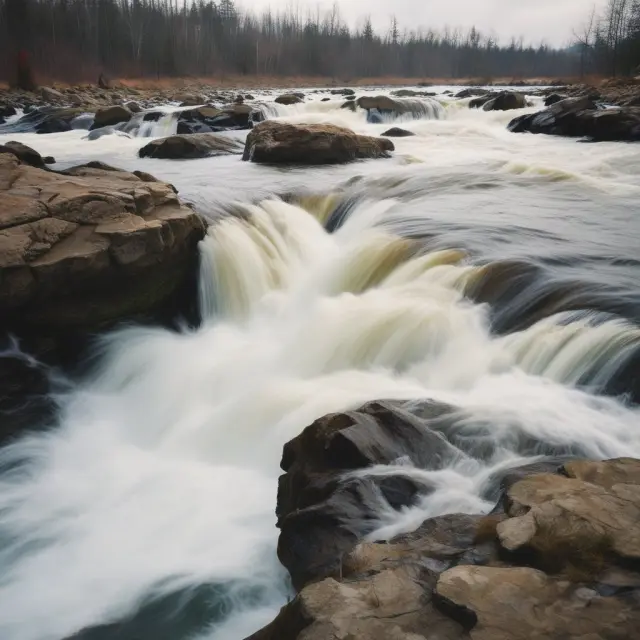 A rapid river symbolizing a quick-rinse bankruptcy, washing away financial turmoil for companies and creditors