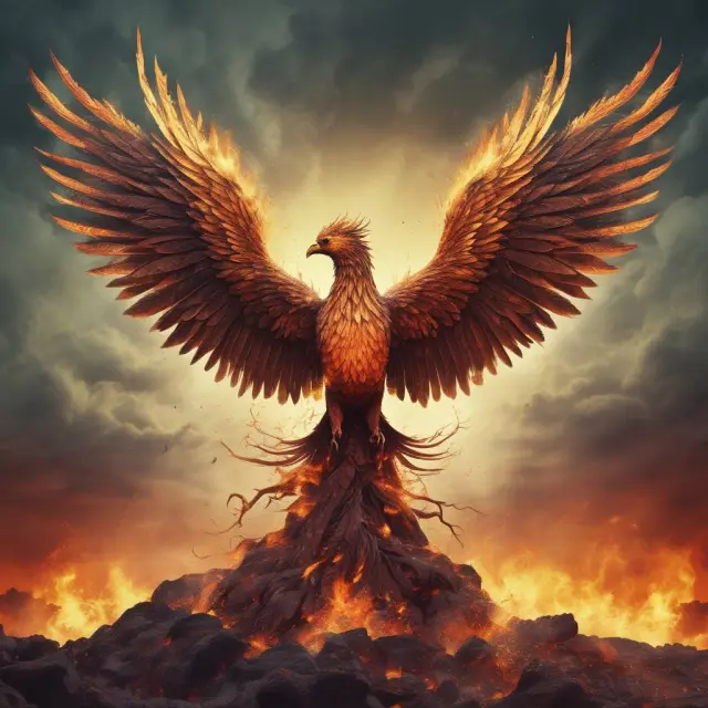 Phoenix emerging from flames with creditors, stockholders, and suppliers forming its wings—Quick-Rinse Bankruptcy