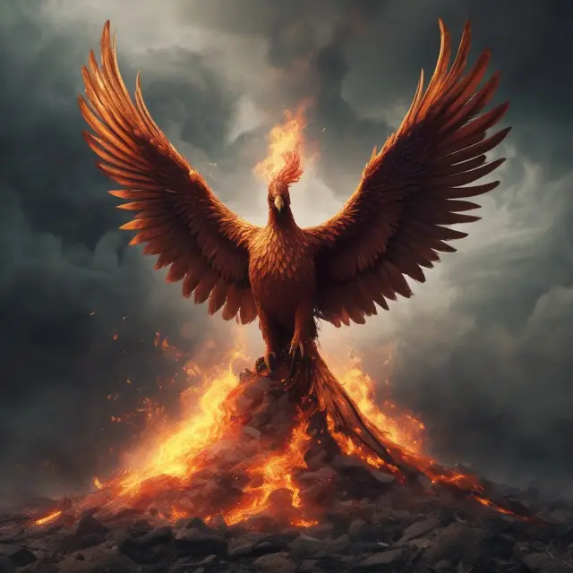 Phoenix rising from digital ashes pile, representing the rebirth and efficiency of quick-rinse bankruptcies