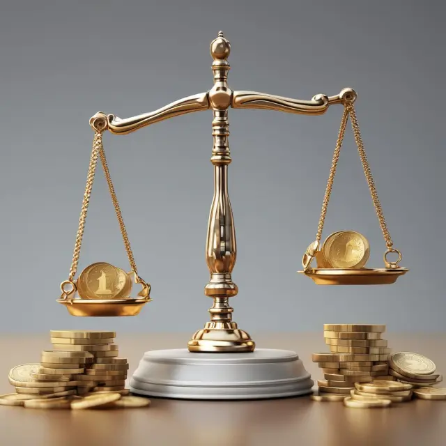 Gold coins and bills on a balance scale illustrating quick assets and current liabilities.