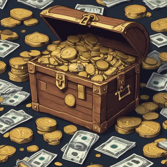 Golden treasure chest with cash, cash equivalents as stacked gold coins, marketable securities as precious gems, and a flowing river of net accounts receivables