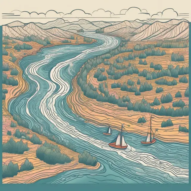 A tranquil river symbolizes companies; currents represent their quick ratios flowing towards the industry benchmarks, with higher quick ratios shown as sturdy buoys.