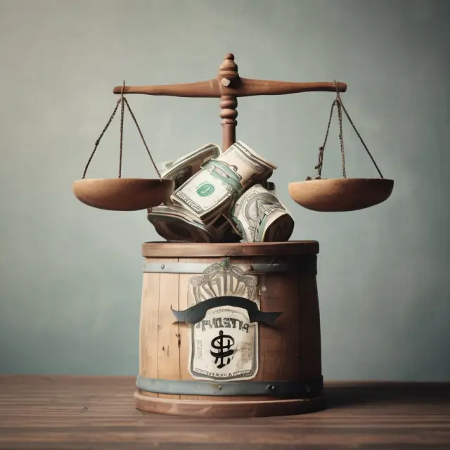 Barrel of cash and industry logos on a balance scale representing Quick Ratio Analysis