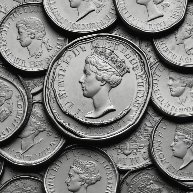 An endless river of silver coins representing various eras in the history of the British Pound Sterling