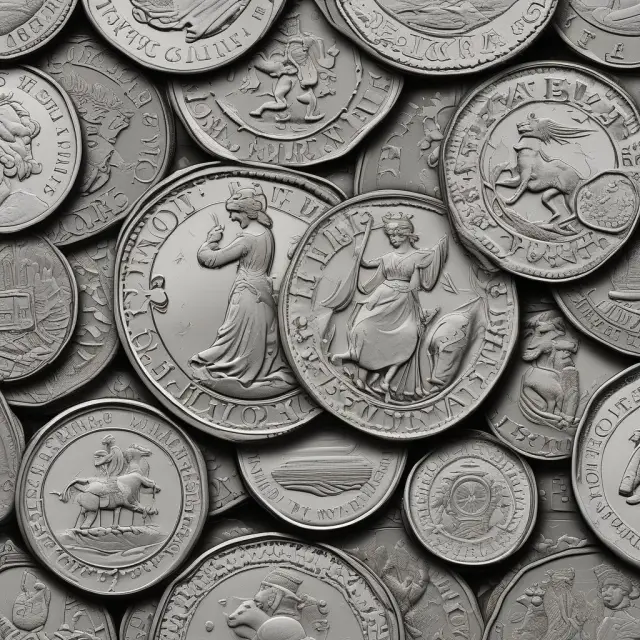 An intricate layered image of coins from different time periods representing Anglo-Saxon, Tudor, Georgian, and modern eras. Each era is distinct and showcases the evolution of denominations.