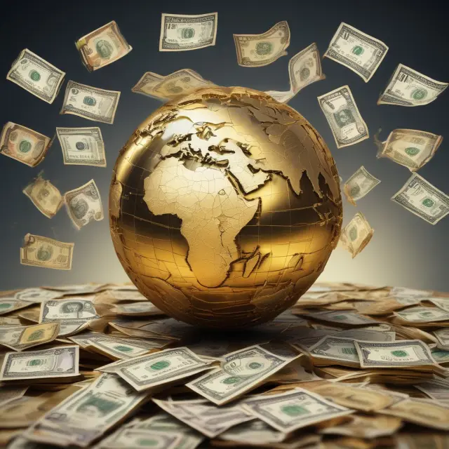 A golden quid (British pound) surrounded by swirling representations of various global currencies, illustrating the importance of understanding exchange rates.
