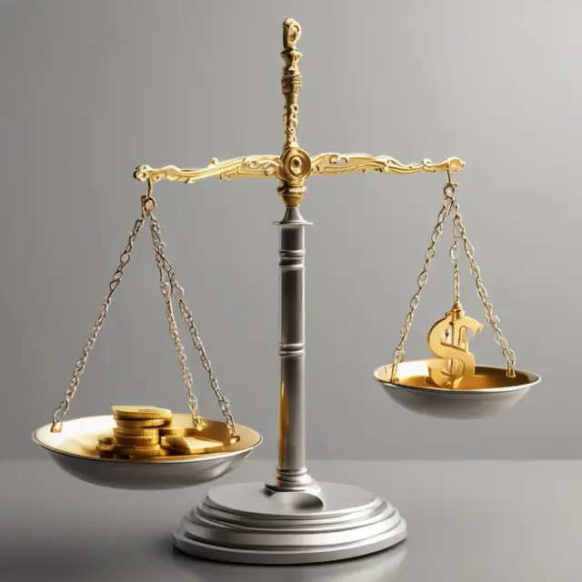 Golden quid and silver pound represented on a scale to illustrate their difference in value.