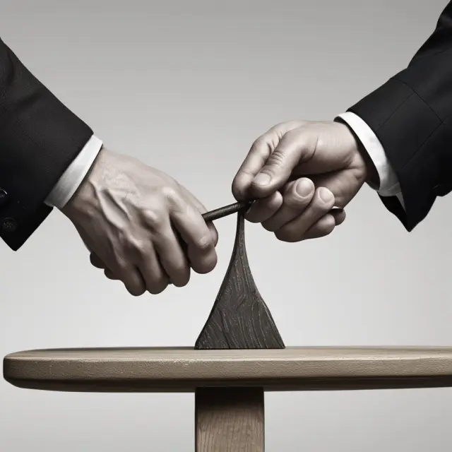 Two hands shaking on a seesaw, representing political agreements with reciprocal favors