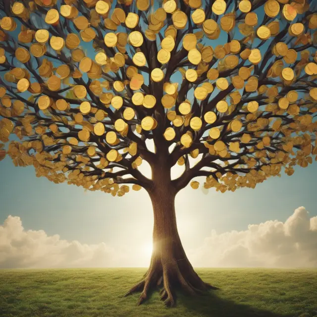 An image of a tree shedding golden quarters as its fruit, symbolizing the unique quarterly payment feature of QUIDS.