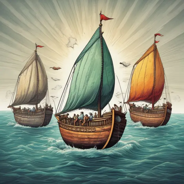 A tranquil harbor with three boats representing QUIDS, QUIPS, and Trust Preferred Securities (TruPS) navigating through a sea of financial securities