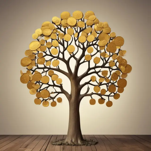 Golden tree with coins as fruits and a sign: 
