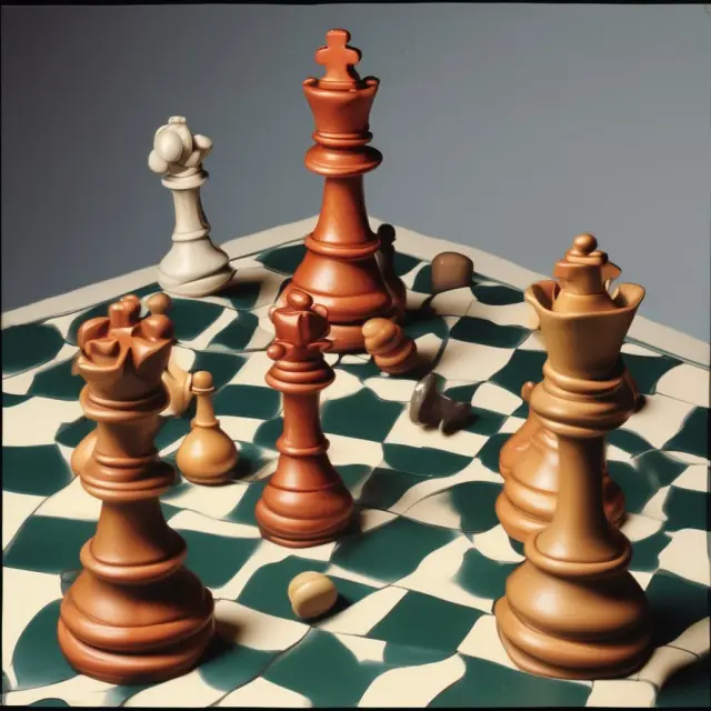A serene chessboard represents real estate titles. Pieces move and claims are resolved to quiet conflicting ownerships