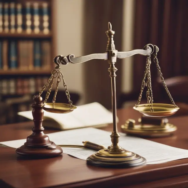 A balanced scale in a courtroom represents the difference between a quiet title action (clear title) and a quitclaim deed (no warranty)