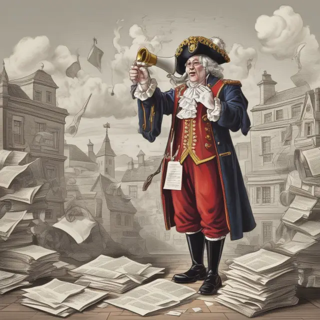 Town crier blowing a megaphone near stacks of legal documents, illustrating the public notice requirement in a quiet title action